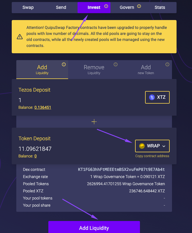 Добавляем ликвидность в пул WRAP/XTZ