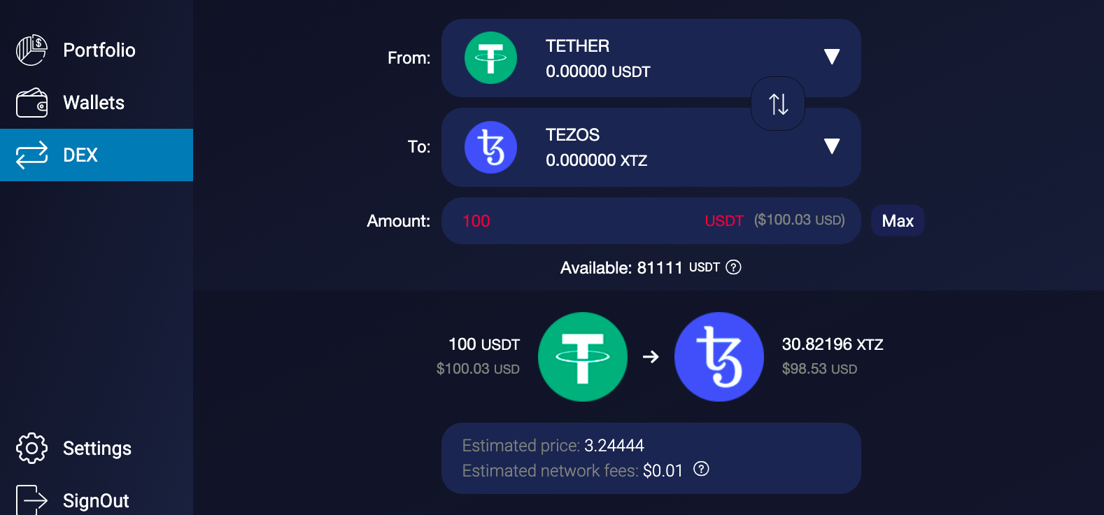 Курс продажи — $3,13. Спред составляет 3,4%, а комиссия сервиса — 1,7%. С учетом комиссии за покупку USDT вы заплатите 2,1%