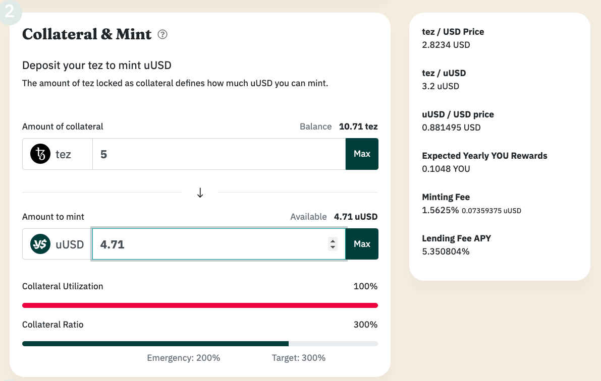 Specify how many tez you want to deposit in the vault and how many uUSD you need to release